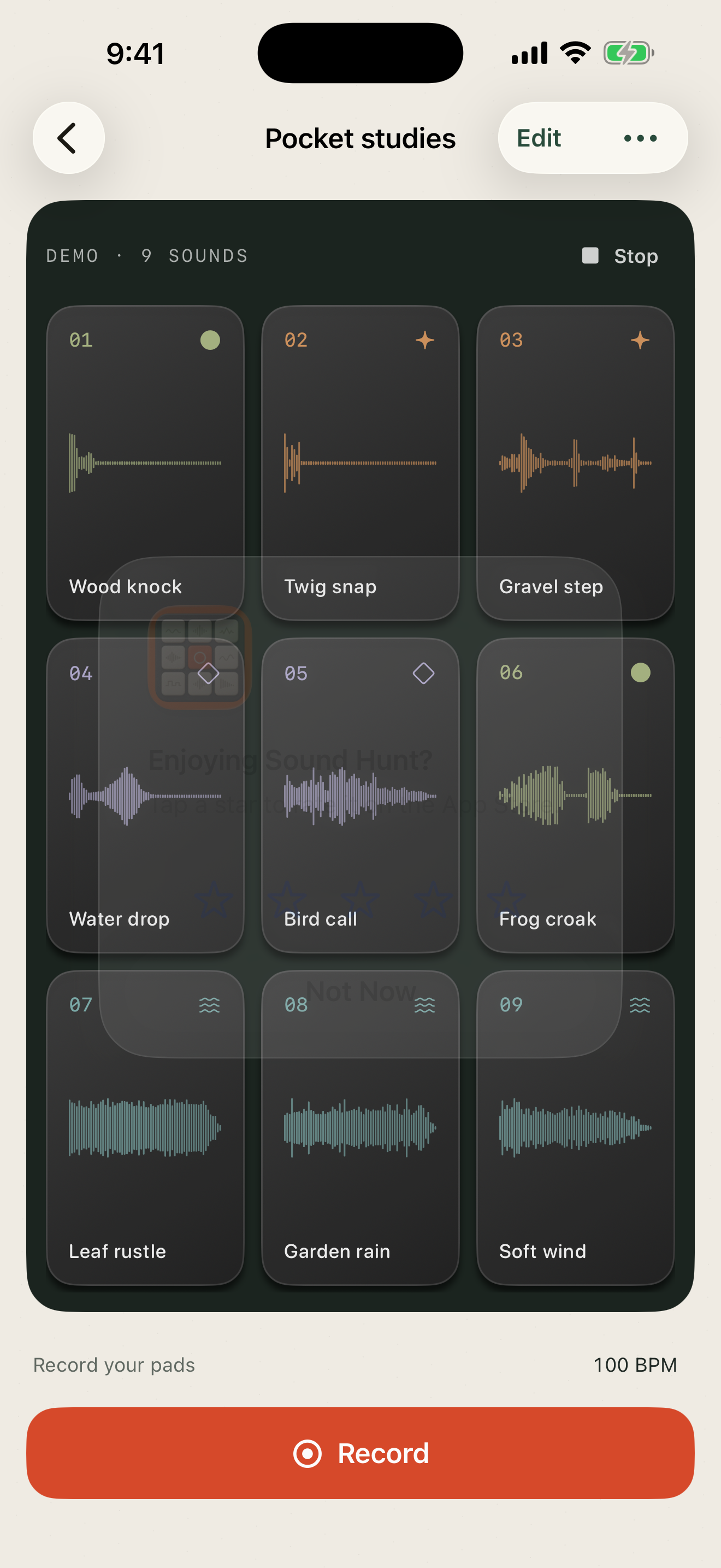 Sound Hunt’s nine playable pads and recording controls